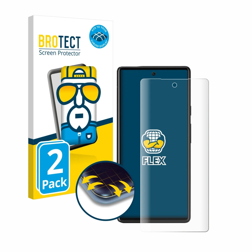 Front side of a product packaging with the brand logo BROTECT. Next to it is the device Google Pixel 6 shown with the correspo