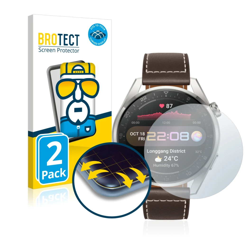 Front side of a product packaging with the brand logo BROTECT. Next to it is the device Huawei Watch 3 Pro shown with the corr