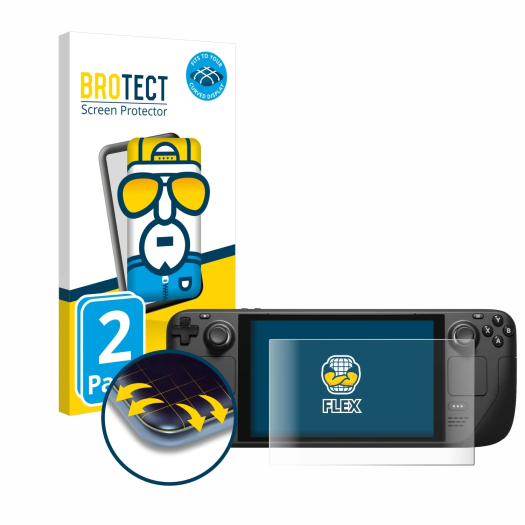 Front side of a product packaging with the brand logo BROTECT. Next to it is the device Valve Steam Deck shown with the corres