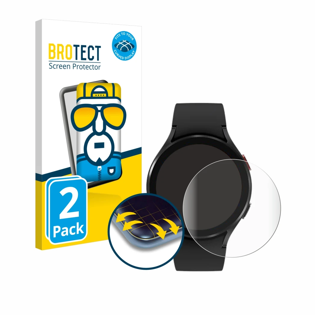 Front side of a product packaging with the brand logo BROTECT. Next to it is the device Samsung Galaxy Watch 4 (44mm) shown wi