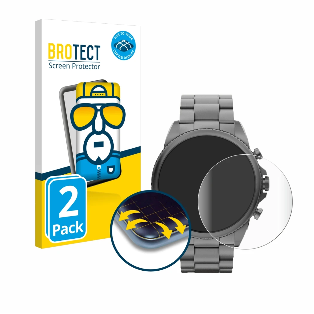 Front side of a product packaging with the brand logo BROTECT. Next to it is the device Fossil Gen 6 (44mm) shown with the cor