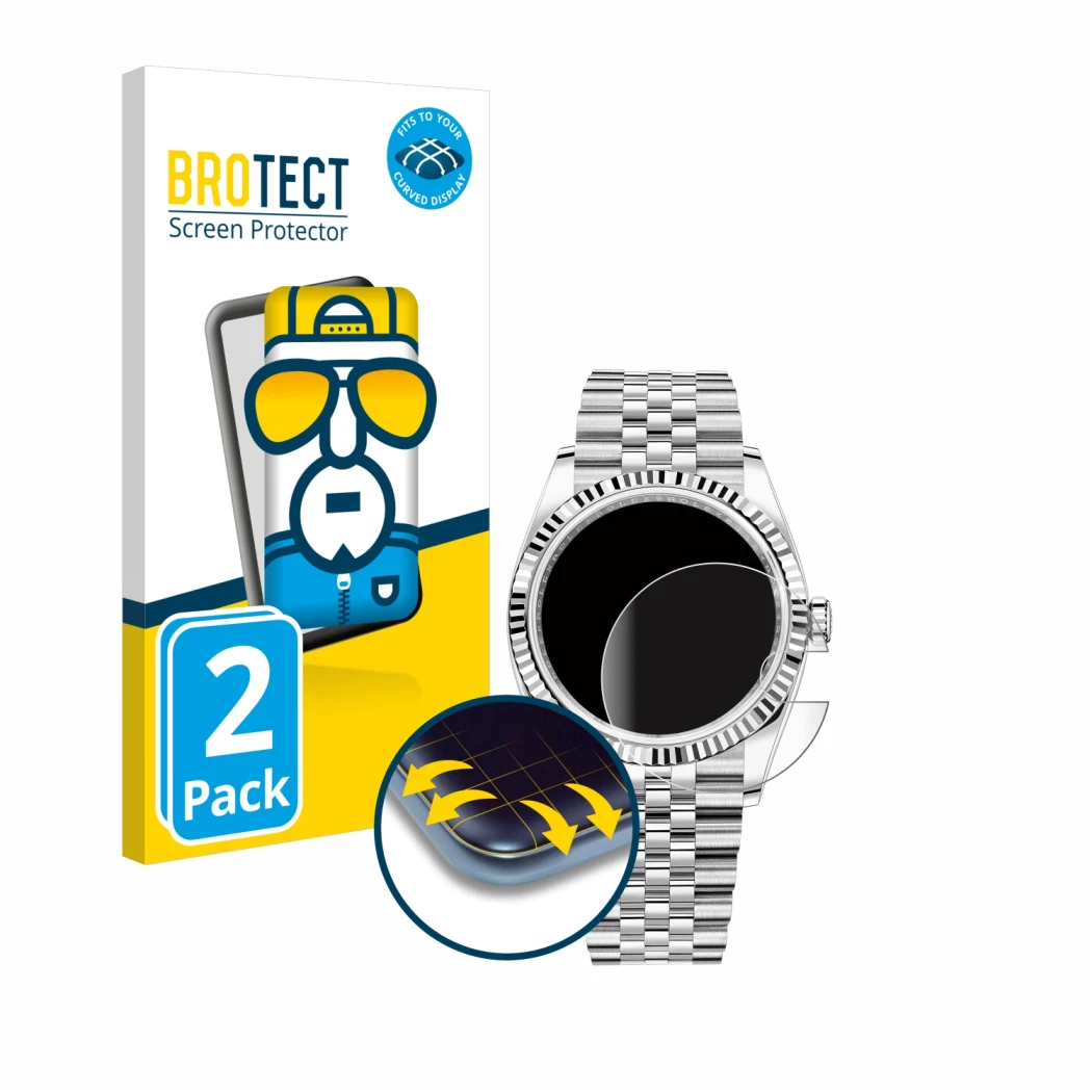 Front side of a product packaging with the brand logo BROTECT. Next to it is the device Rolex Datejust 36 shown with the corre