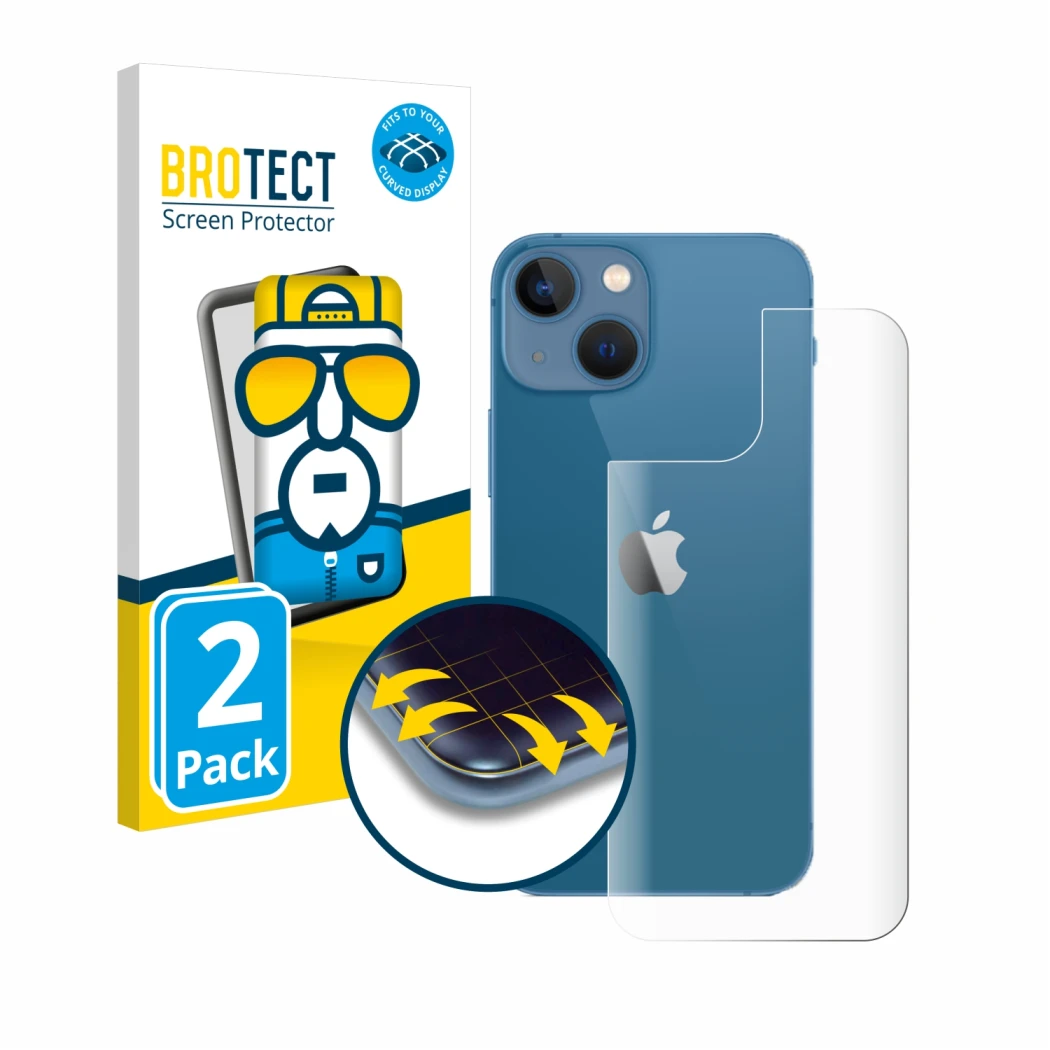Front side of a product packaging with the brand logo BROTECT. Next to it is the device Apple iPhone 13 mini (Back) shown with