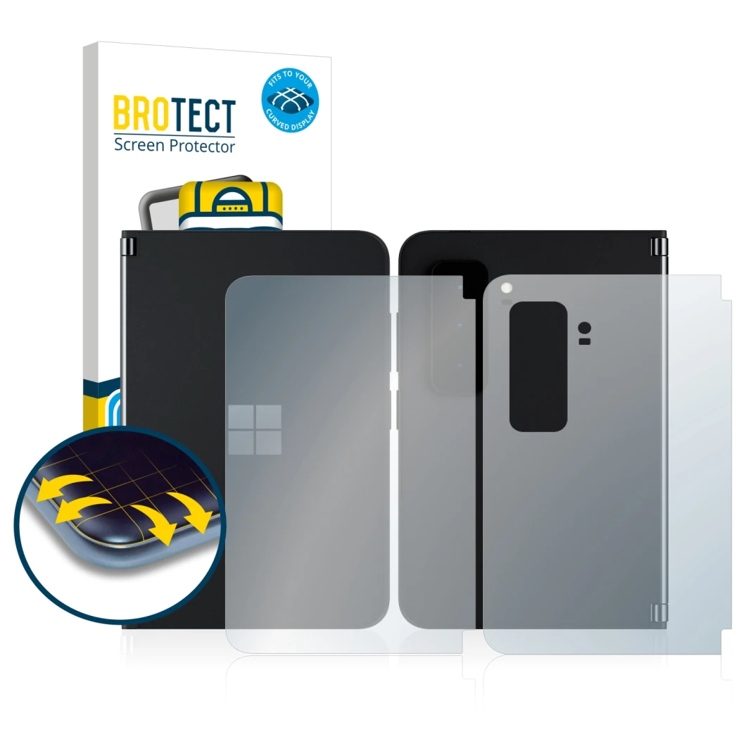 Front side of a product packaging with the brand logo BROTECT. Next to it is the device Microsoft Surface Duo 2 (Front+Back) s