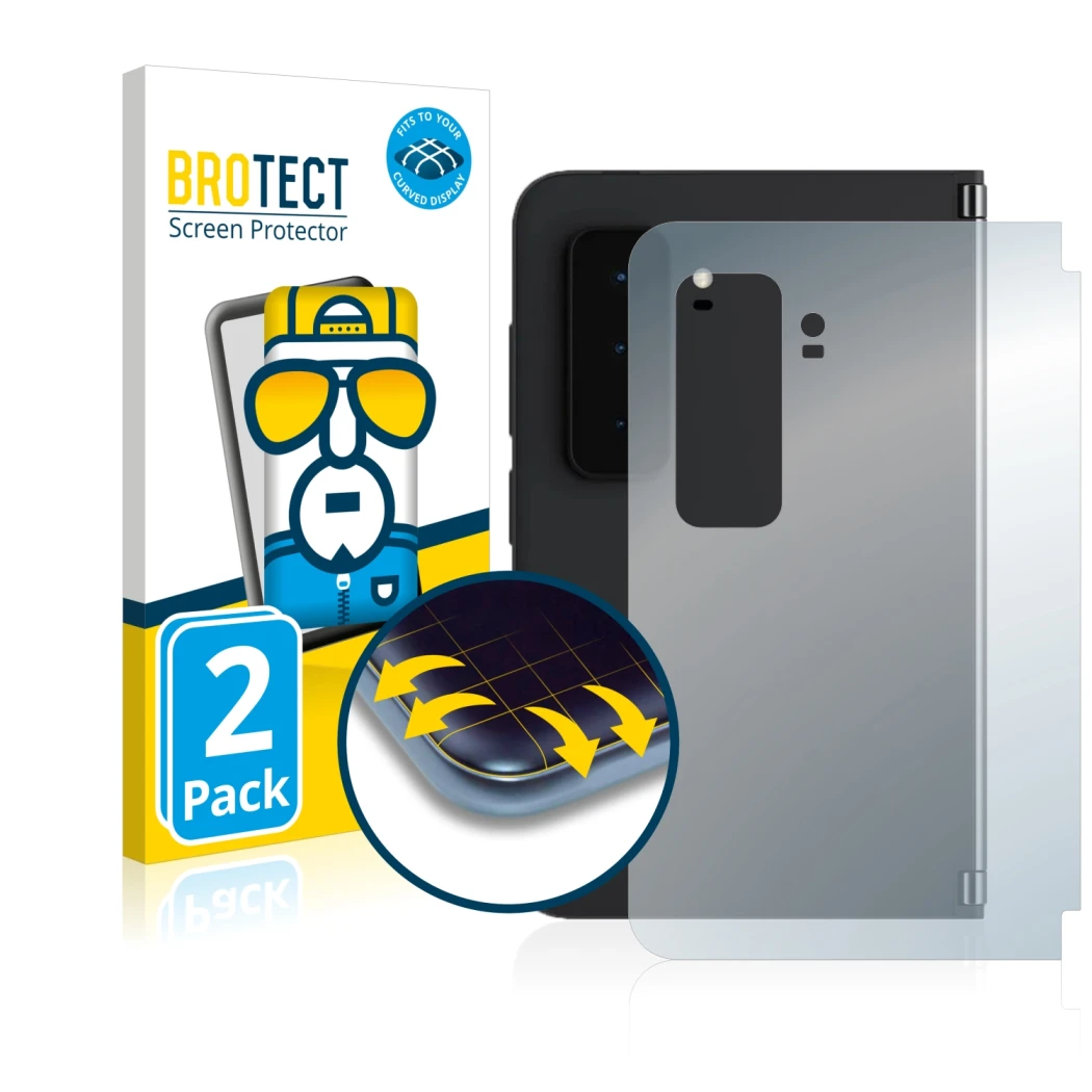 Front side of a product packaging with the brand logo BROTECT. Next to it is the device Microsoft Surface Duo 2 (Back) shown w