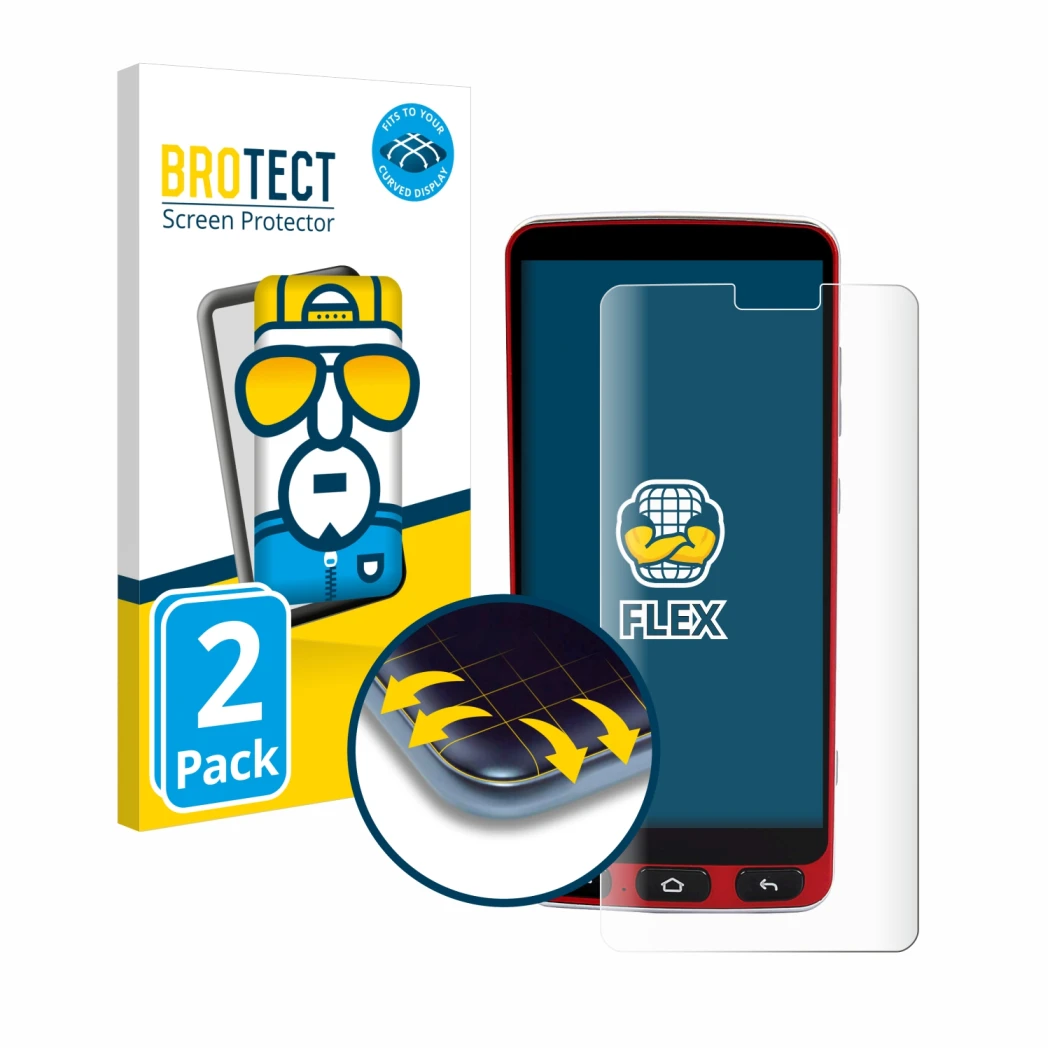 Front side of a product packaging with the brand logo BROTECT. Next to it is the device Olympia Neo Smartphone shown with the