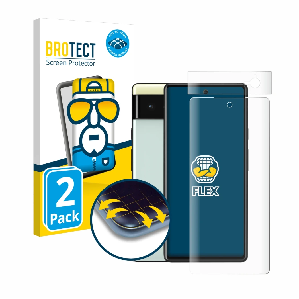 Front side of a product packaging with the brand logo BROTECT. Next to it is the device Google Pixel 6 (Front+Camera) shown wi