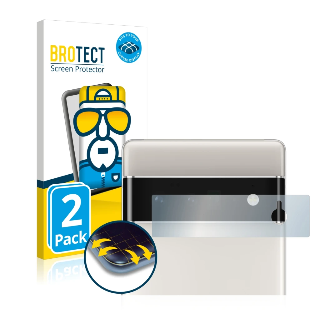 Front side of a product packaging with the brand logo BROTECT. Next to it is the device Google Pixel 6 Pro (ONLY Camera Lens) 