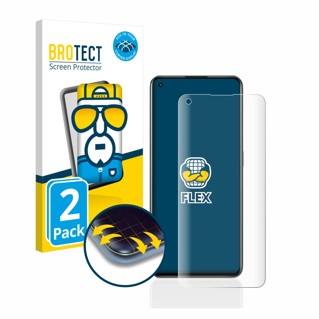 Front side of a product packaging with the brand logo BROTECT. Next to it is the device realme GT 2 Pro shown with the corresp