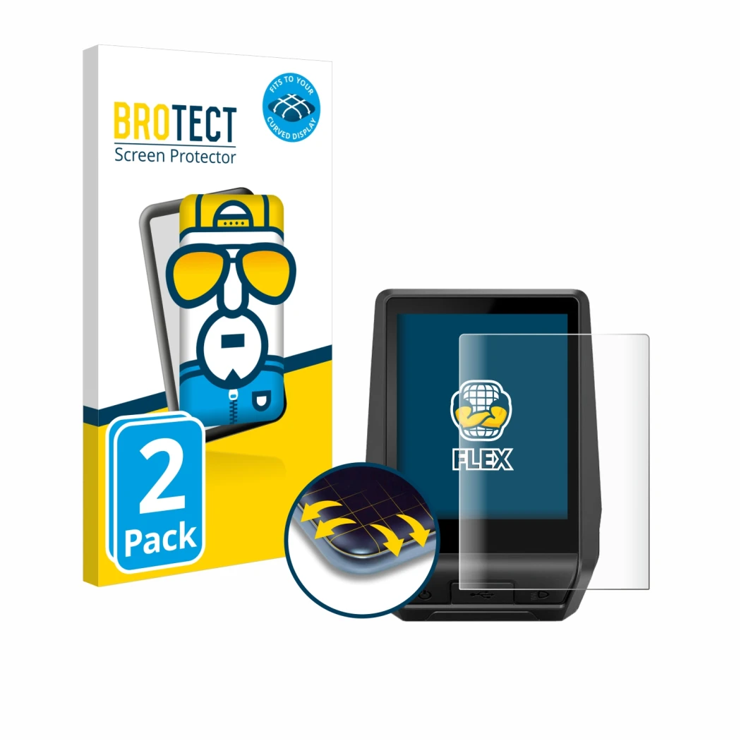 Front side of a product packaging with the brand logo BROTECT. Next to it is the device Bosch Nyon 2 2021 shown with the corre