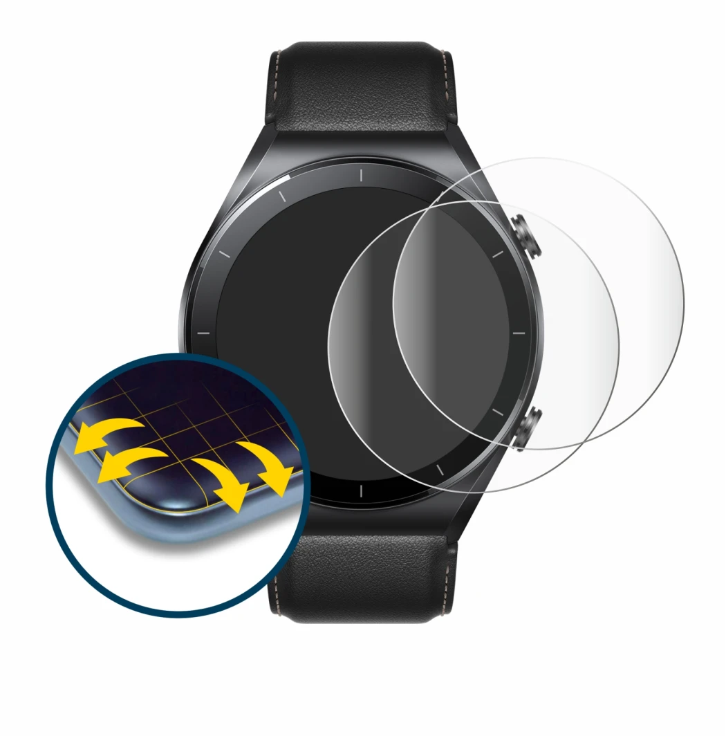 Image of the device Xiaomi Watch S1 with a wide variety of screen protectors.