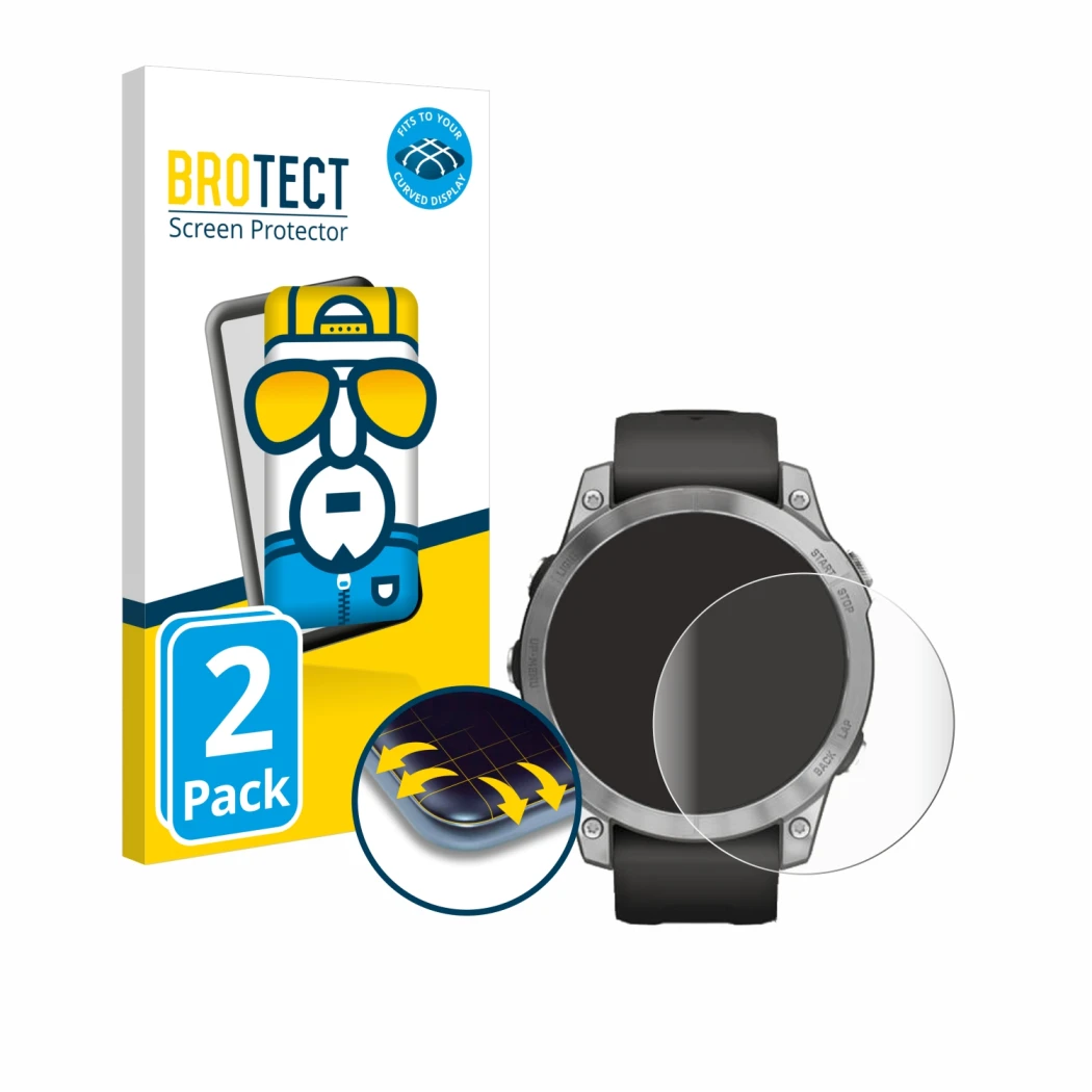 Front side of a product packaging with the brand logo BROTECT. Next to it is the device Garmin Fenix 7 (47 mm) shown with the