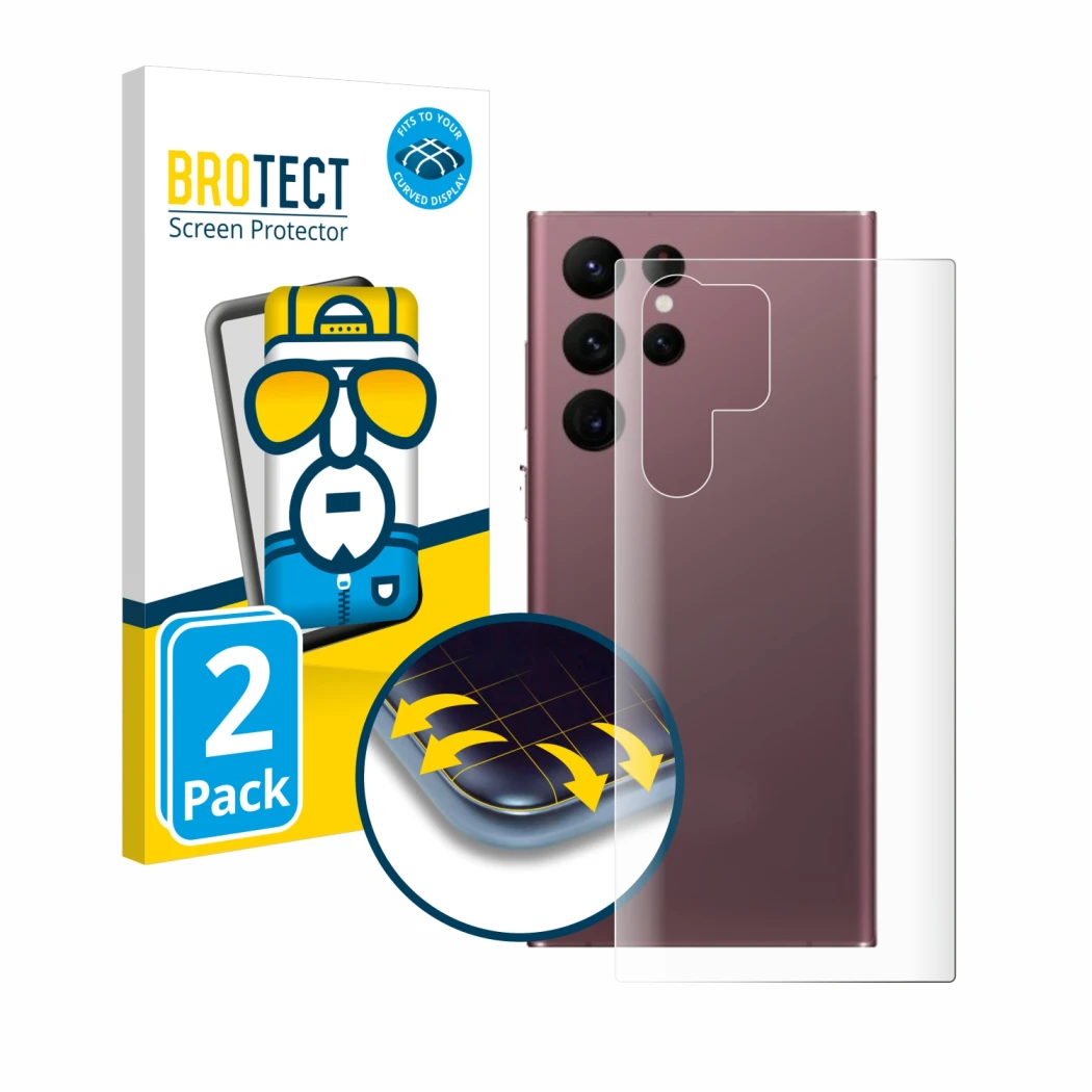 Front side of a product packaging with the brand logo BROTECT. Next to it is the device Samsung Galaxy S22 Ultra 5G (Back) sho