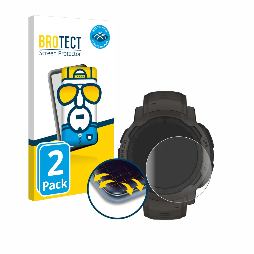 Front side of a product packaging with the brand logo BROTECT. Next to it is the device Garmin Instinct 2 shown with the corre