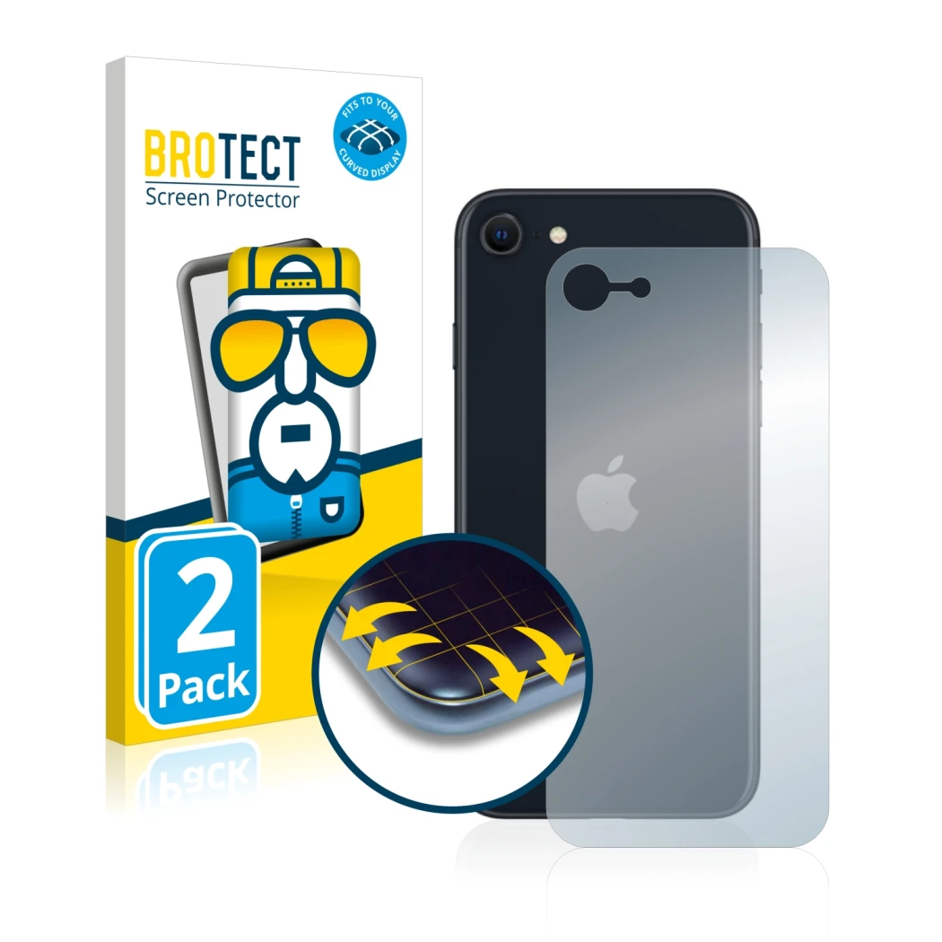 Front side of a product packaging with the brand logo BROTECT. Next to it is the device Apple iPhone SE 3 2022 (Back) shown wi