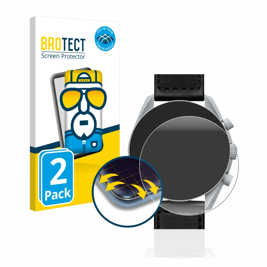 Front side of a product packaging with the brand logo BROTECT. Next to it is the device Omega x Swatch Speedmaster Moonswatch 