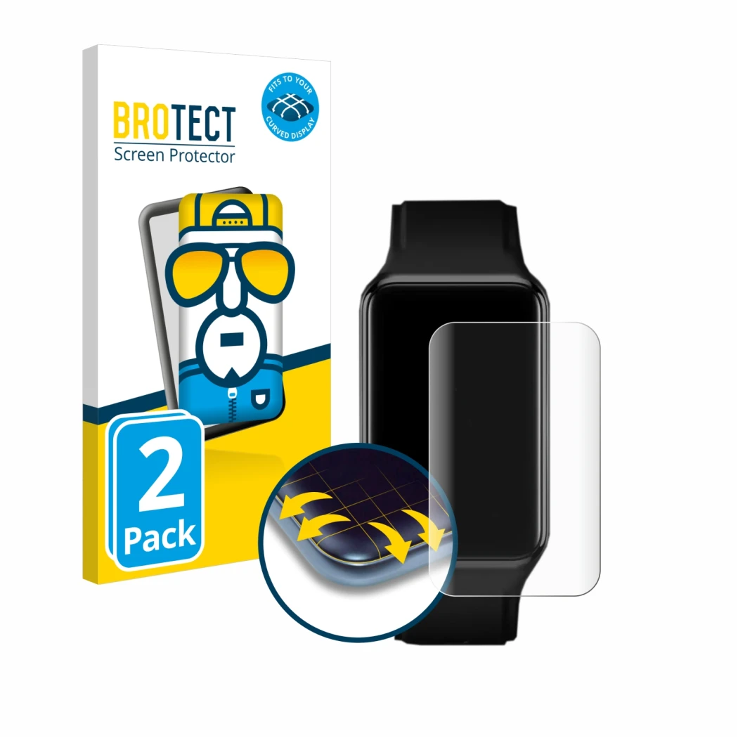 Front side of a product packaging with the brand logo BROTECT. Next to it is the device Oppo Watch Free shown with the corresp