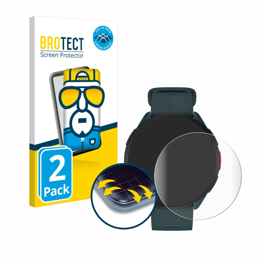 Front side of a product packaging with the brand logo BROTECT. Next to it is the device Polar Pacer shown with the correspondi