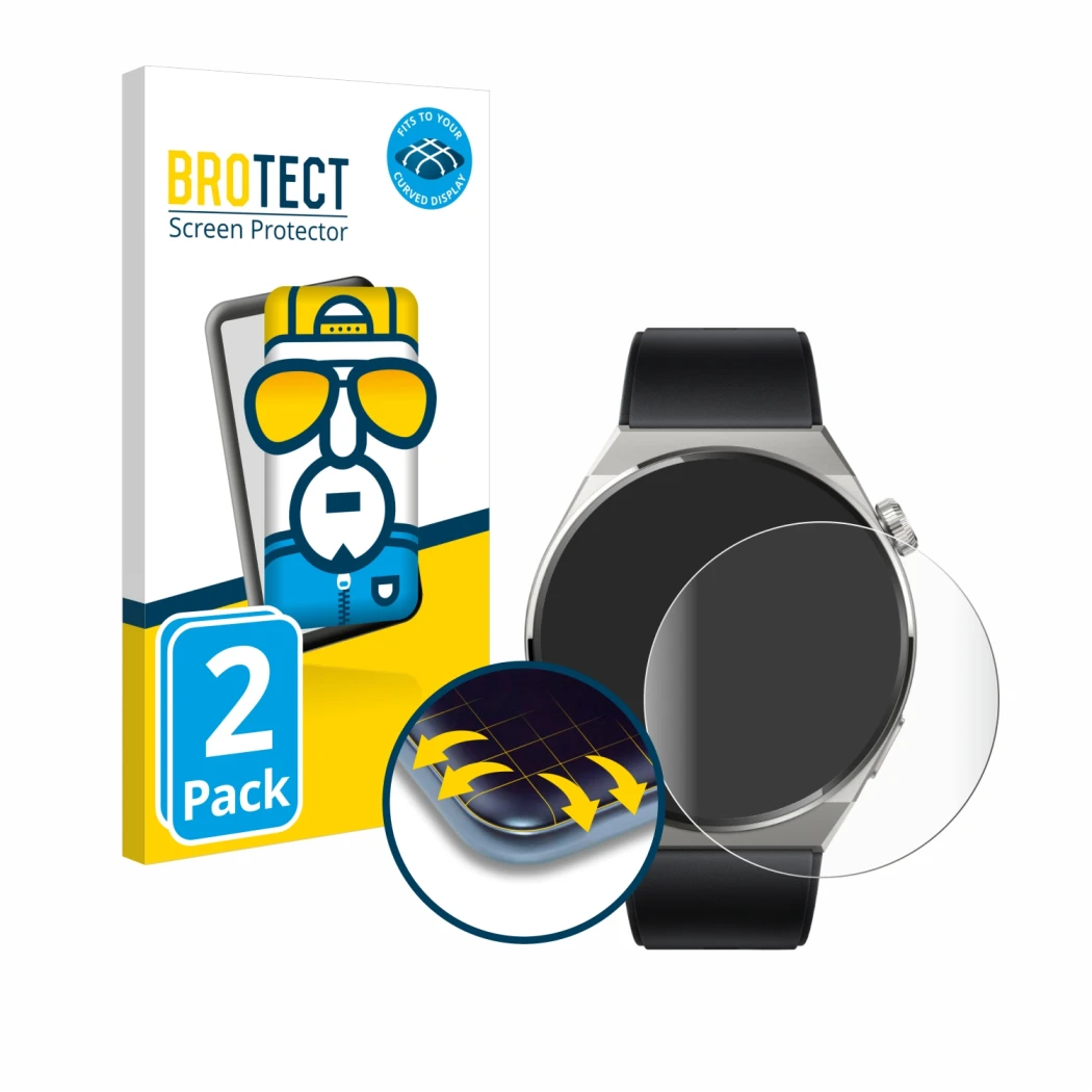 Front side of a product packaging with the brand logo BROTECT. Next to it is the device Huawei Watch GT 3 Pro Titanium (46mm) 