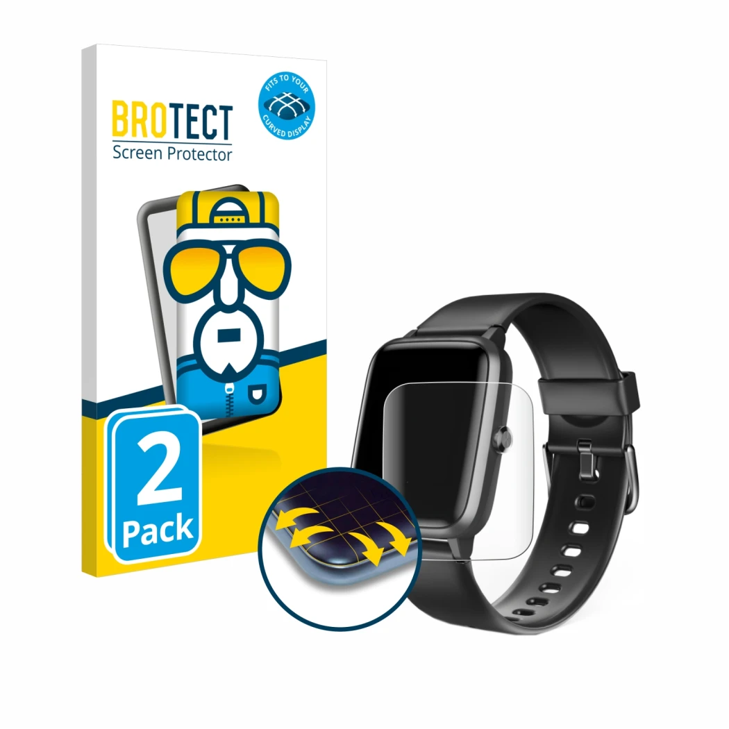 Front side of a product packaging with the brand logo BROTECT. Next to it is the device Hama Fit Watch 5910 shown with the cor