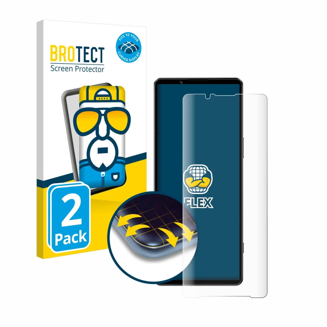 Front side of a product packaging with the brand logo BROTECT. Next to it is the device Sony Xperia 1 IV shown with the corres