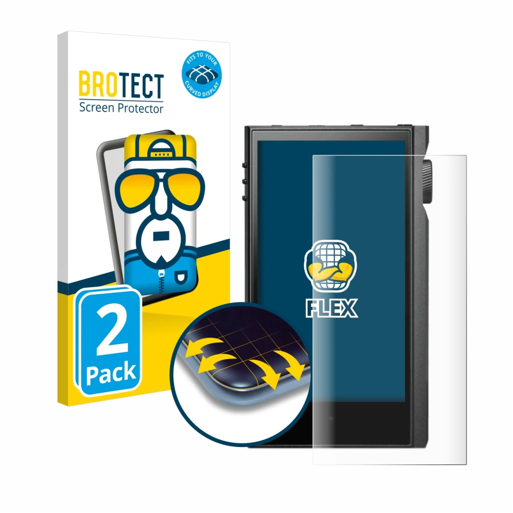 Front side of a product packaging with the brand logo BROTECT. Next to it is the device Astell&Kern Kann Max shown with the co