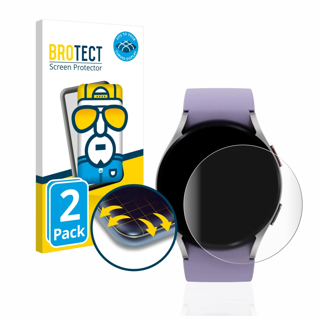 Front side of a product packaging with the brand logo BROTECT. Next to it is the device Samsung Galaxy Watch 5 (40mm) shown wi