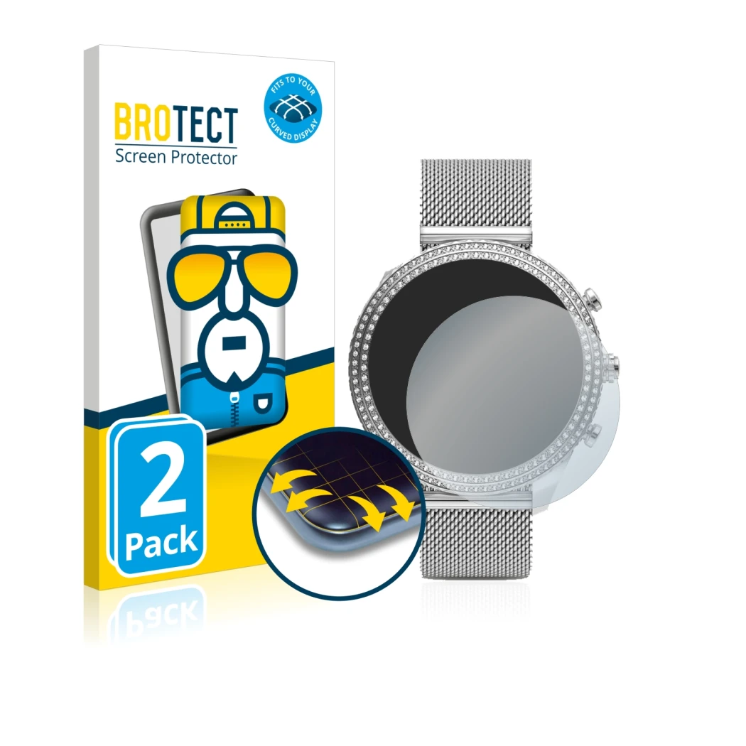 Front side of a product packaging with the brand logo BROTECT. Next to it is the device Fossil Stella (6. Gen) shown with the 