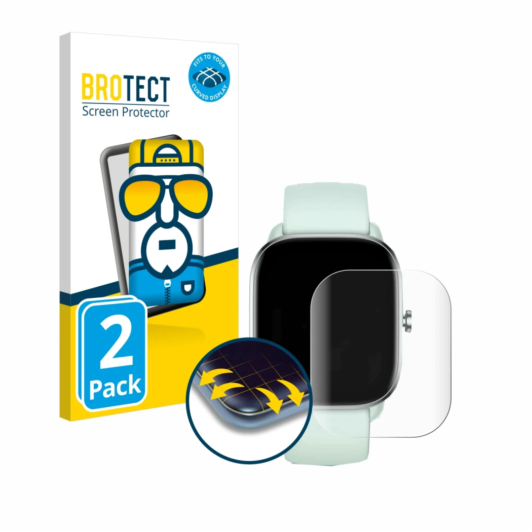 Front side of a product packaging with the brand logo BROTECT. Next to it is the device Huami Amazfit GTS 4 Mini shown with th