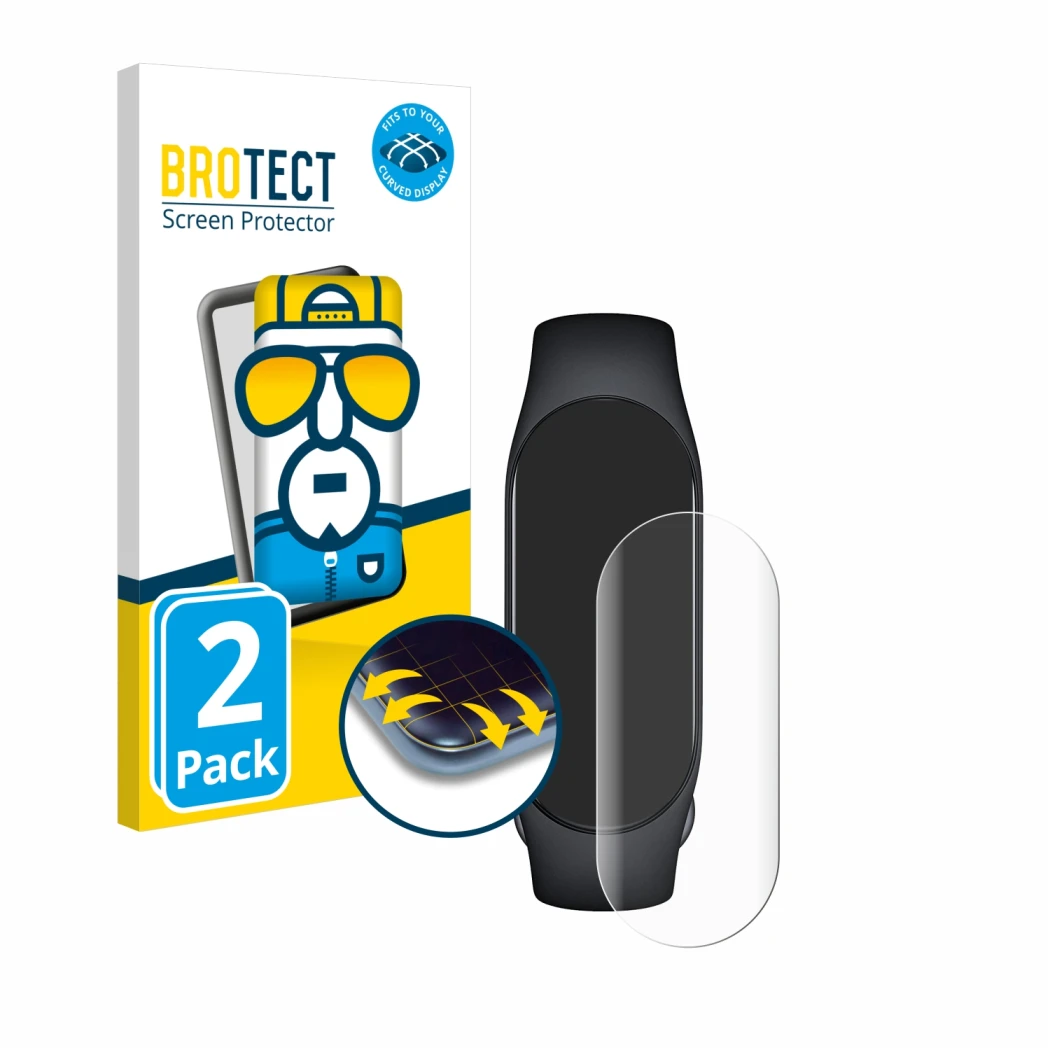 Front side of a product packaging with the brand logo BROTECT. Next to it is the device Xiaomi Smart Band 7 shown with the cor