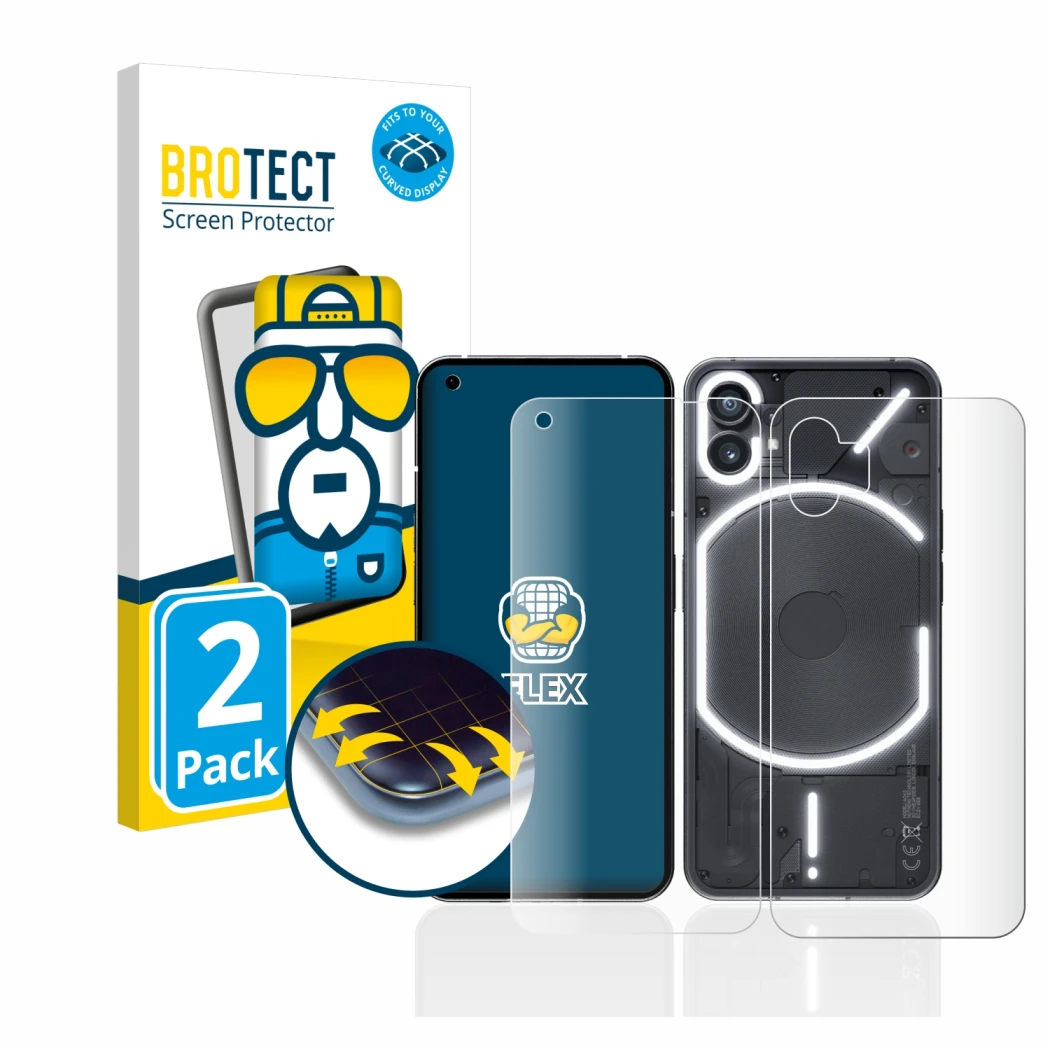 Front side of a product packaging with the brand logo BROTECT. Next to it is the device Nothing Phone (1) (Front+Back) shown w