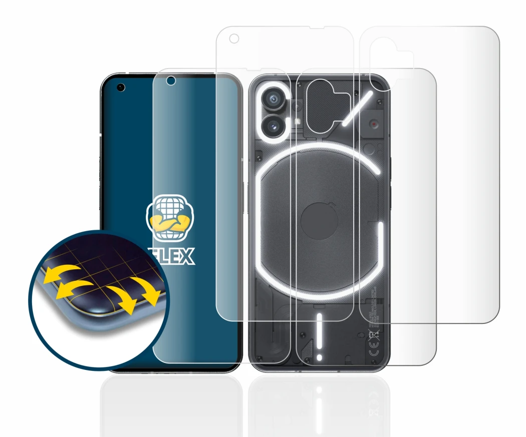 Image of the device Nothing Phone (1) (Front+Back) with a wide variety of screen protectors.