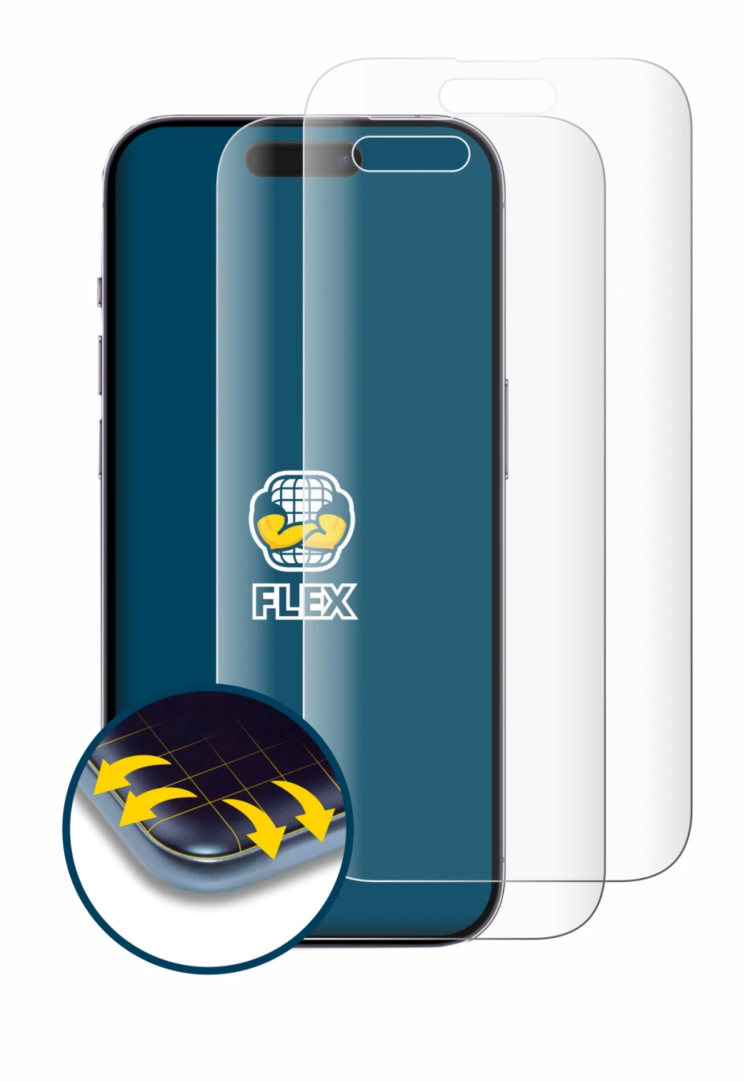 Image of the device Apple iPhone 14 Pro with a wide variety of screen protectors.