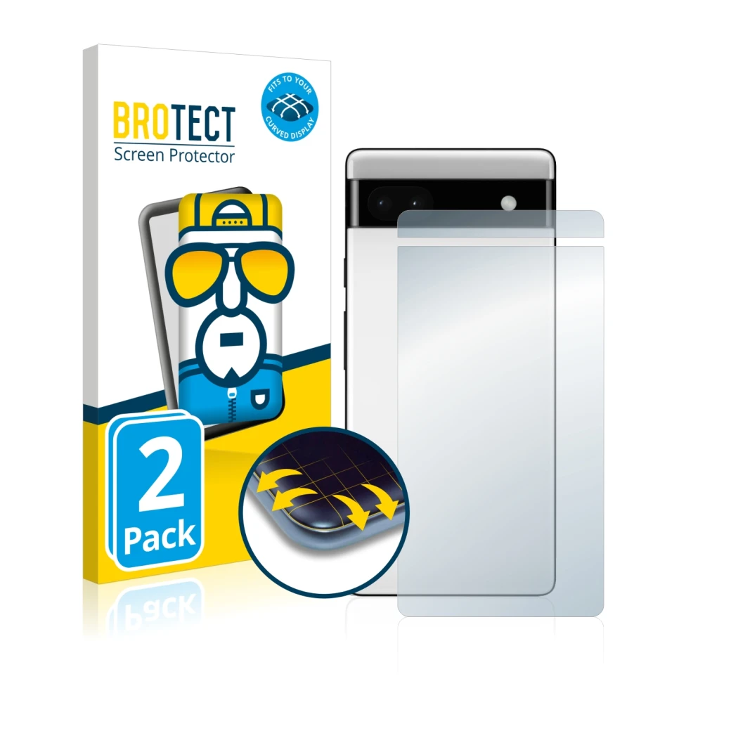 Front side of a product packaging with the brand logo BROTECT. Next to it is the device Google Pixel 6a (Back) shown with the