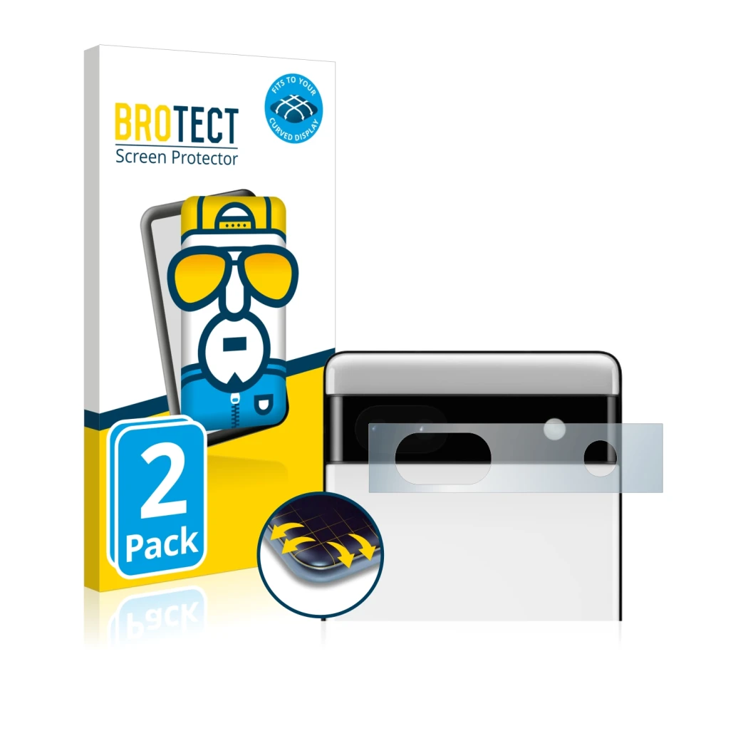 Front side of a product packaging with the brand logo BROTECT. Next to it is the device Google Pixel 6a (ONLY Camera Lens) sho