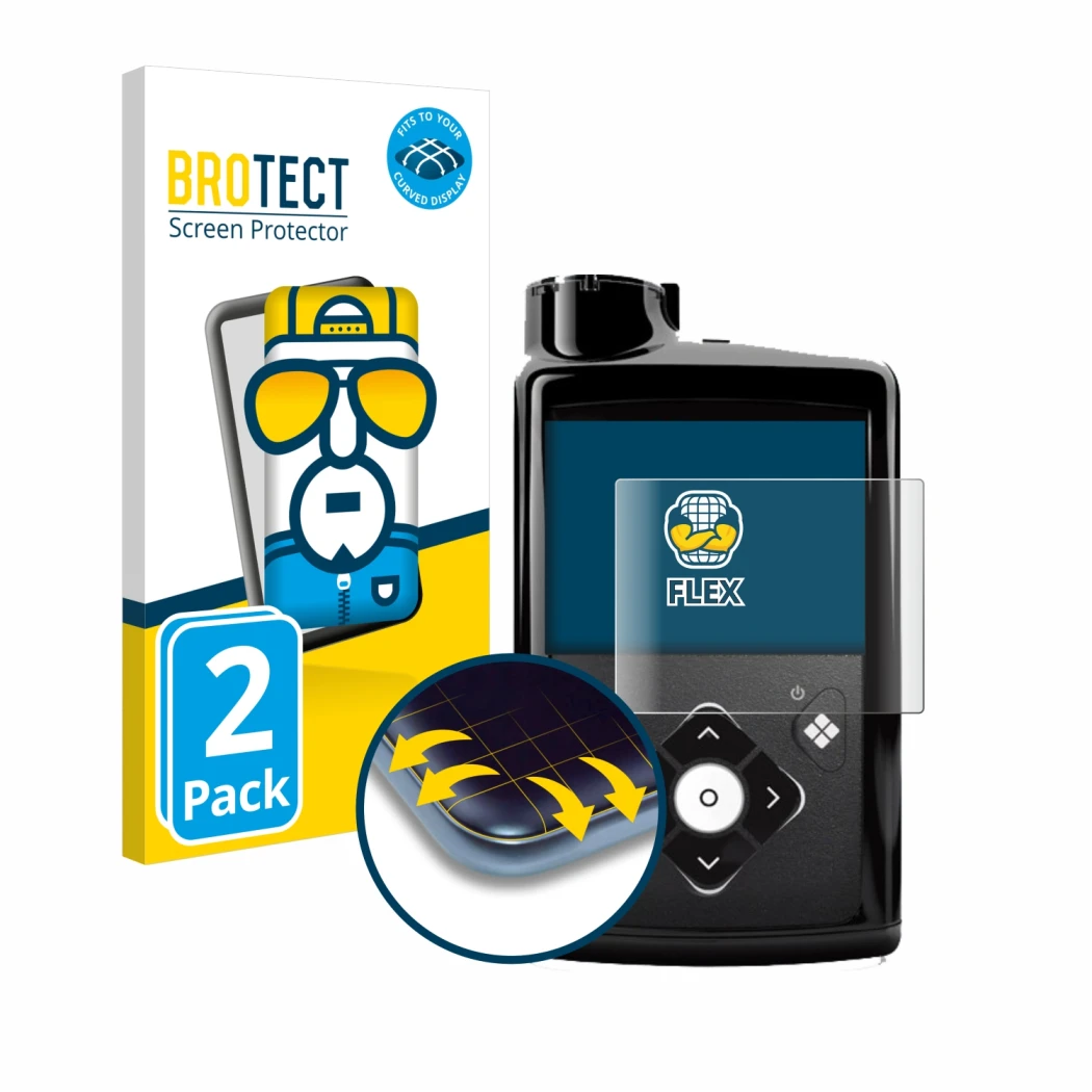 Front side of a product packaging with the brand logo BROTECT. Next to it is the device Medtronic Minimed 780G shown with the 