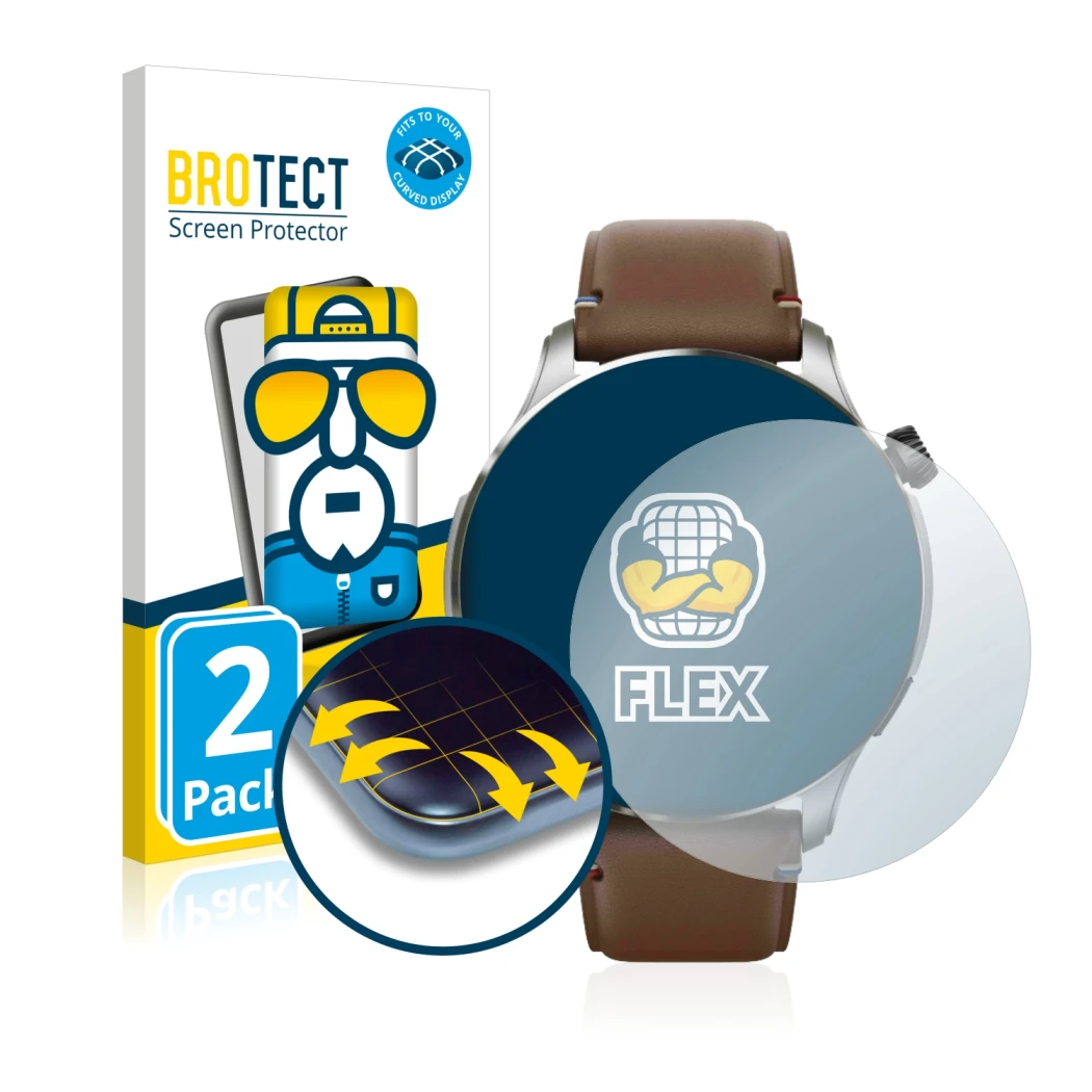 Front side of a product packaging with the brand logo BROTECT. Next to it is the device Huami Amazfit GTR 4 shown with the cor