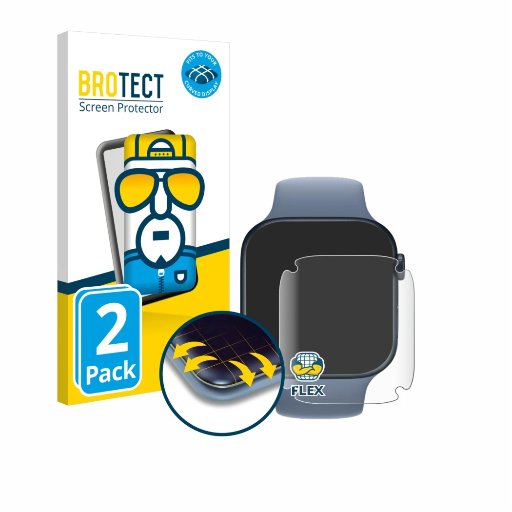 Front side of a product packaging with the brand logo BROTECT. Next to it is the device Apple Watch Series 8 (45 mm) shown wit