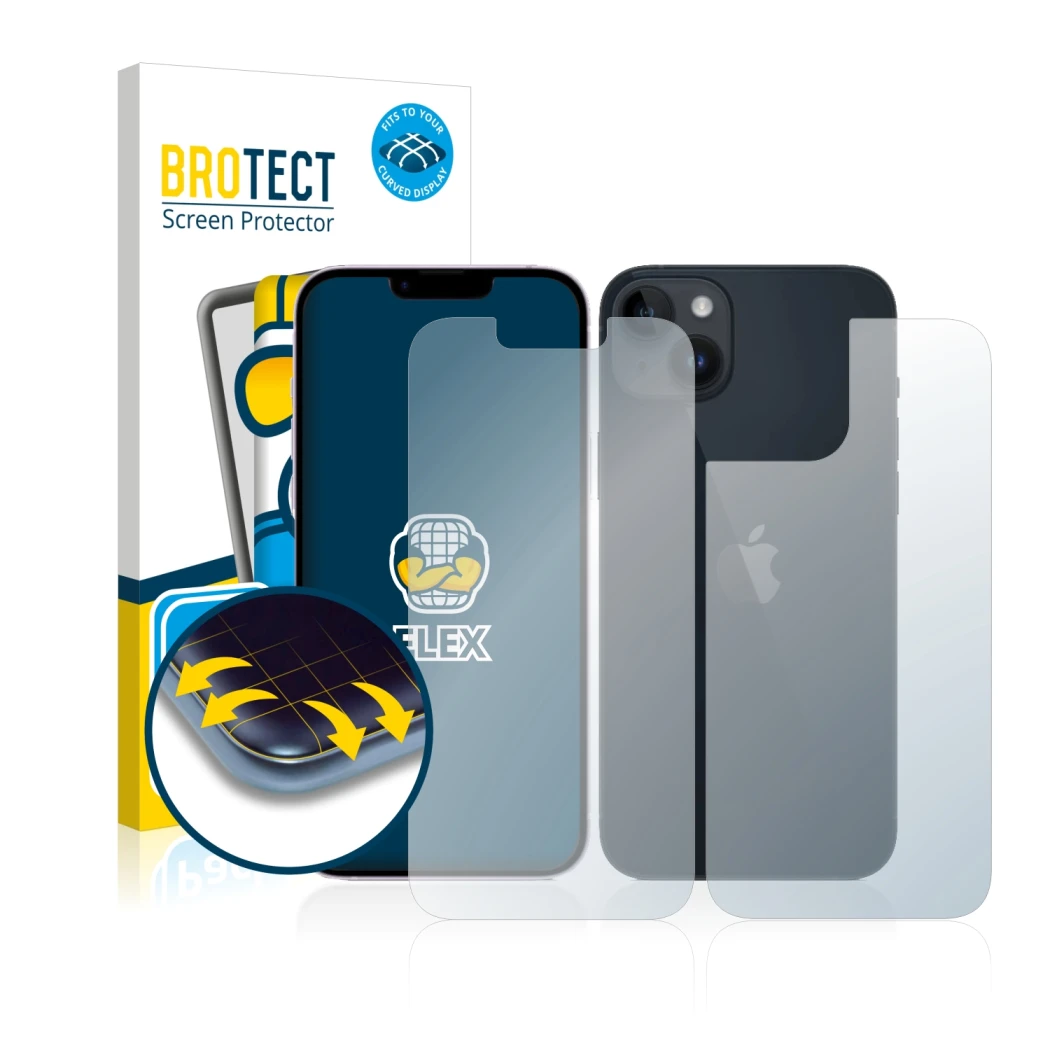 Front side of a product packaging with the brand logo BROTECT. Next to it is the device Apple iPhone 14 (Front+Back) shown wit