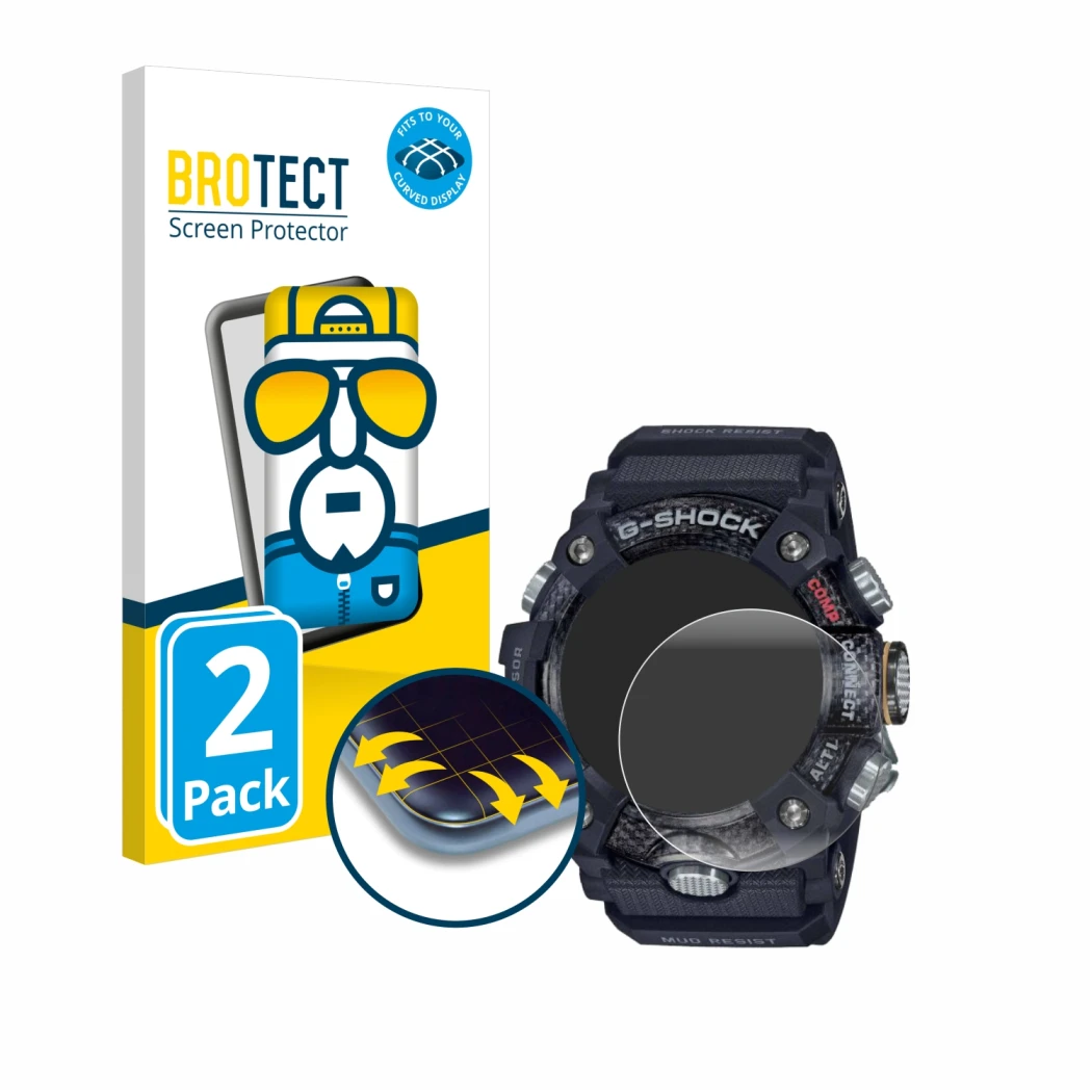 Front side of a product packaging with the brand logo BROTECT. Next to it is the device Casio G-Shock Mudmaster GG-B100-1AER s