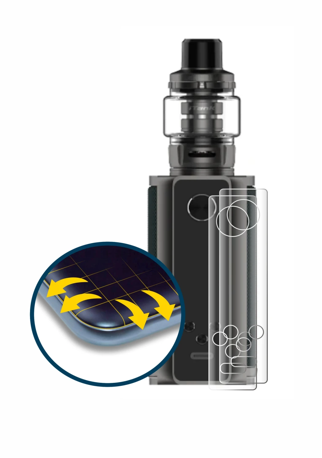 Image of the device Vaporesso Target 200 Mod with a wide variety of screen protectors.