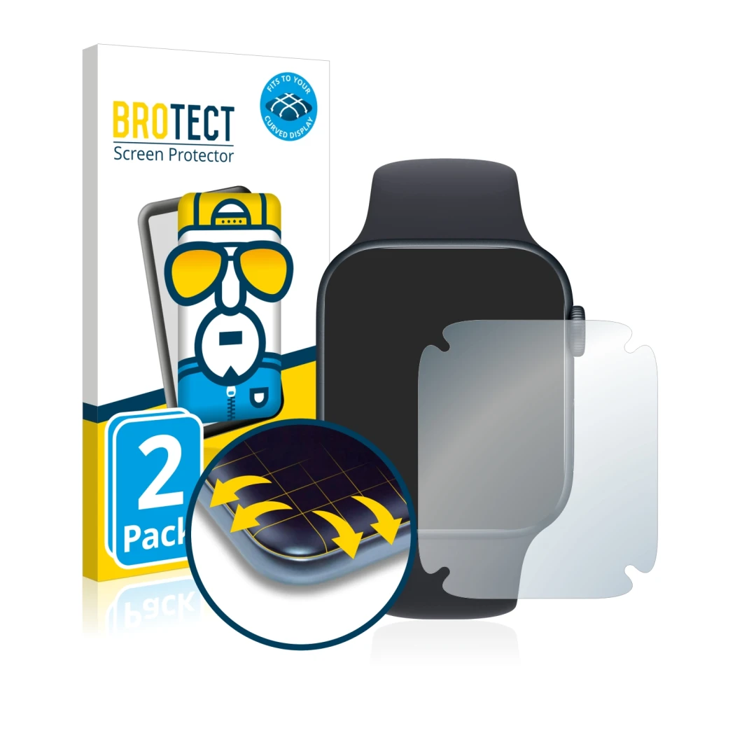 Front side of a product packaging with the brand logo BROTECT. Next to it is the device Apple Watch SE 2022 (44 mm) shown with