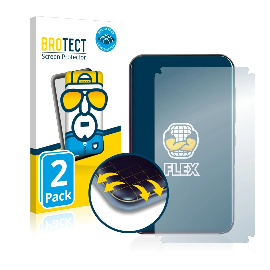 Front side of a product packaging with the brand logo BROTECT. Next to it is the device Timmkoo Q3E shown with the correspondi