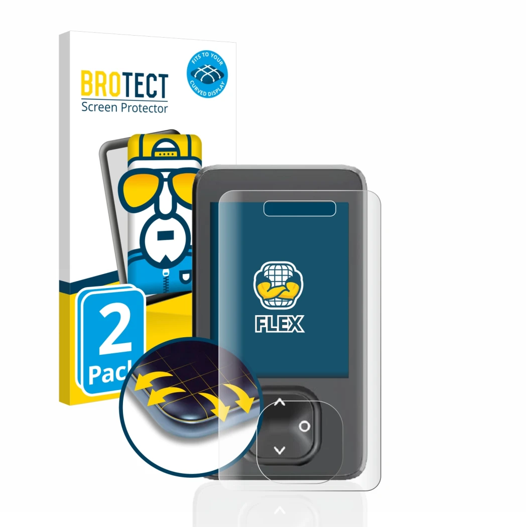 Front side of a product packaging with the brand logo BROTECT. Next to it is the device Dexcom G7 CGM shown with the correspon