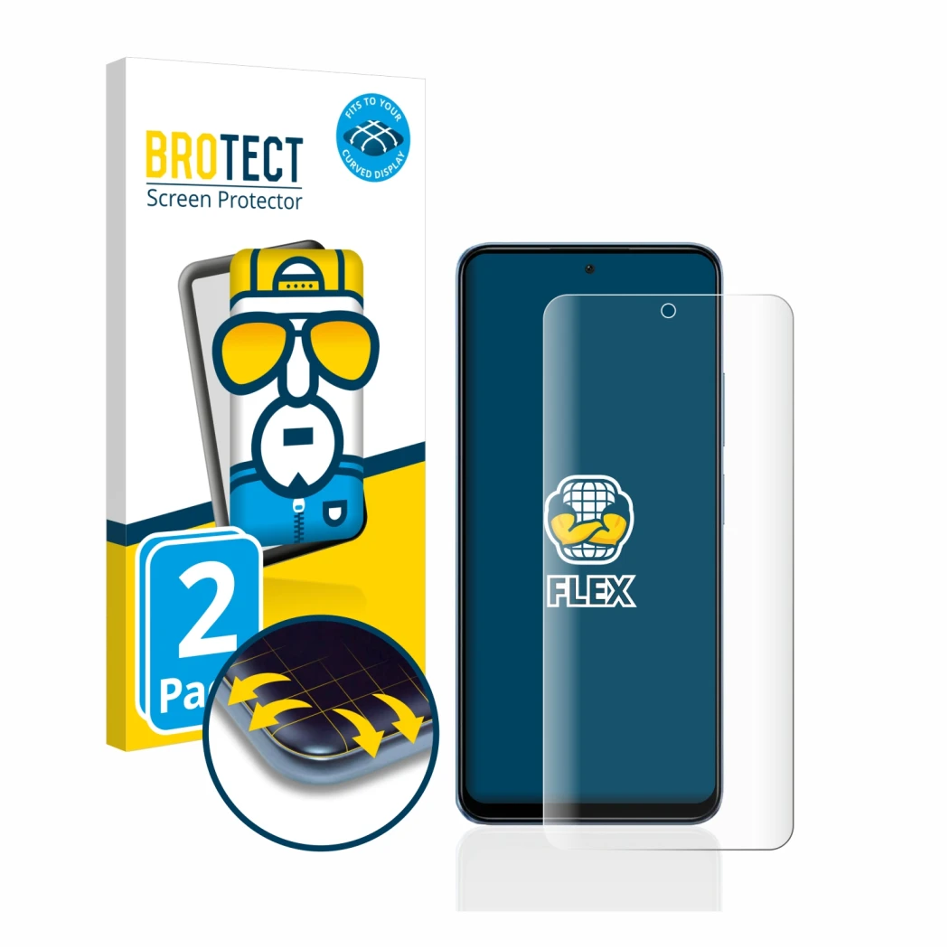 Front side of a product packaging with the brand logo BROTECT. Next to it is the device Xiaomi Redmi Note 12 shown with the co