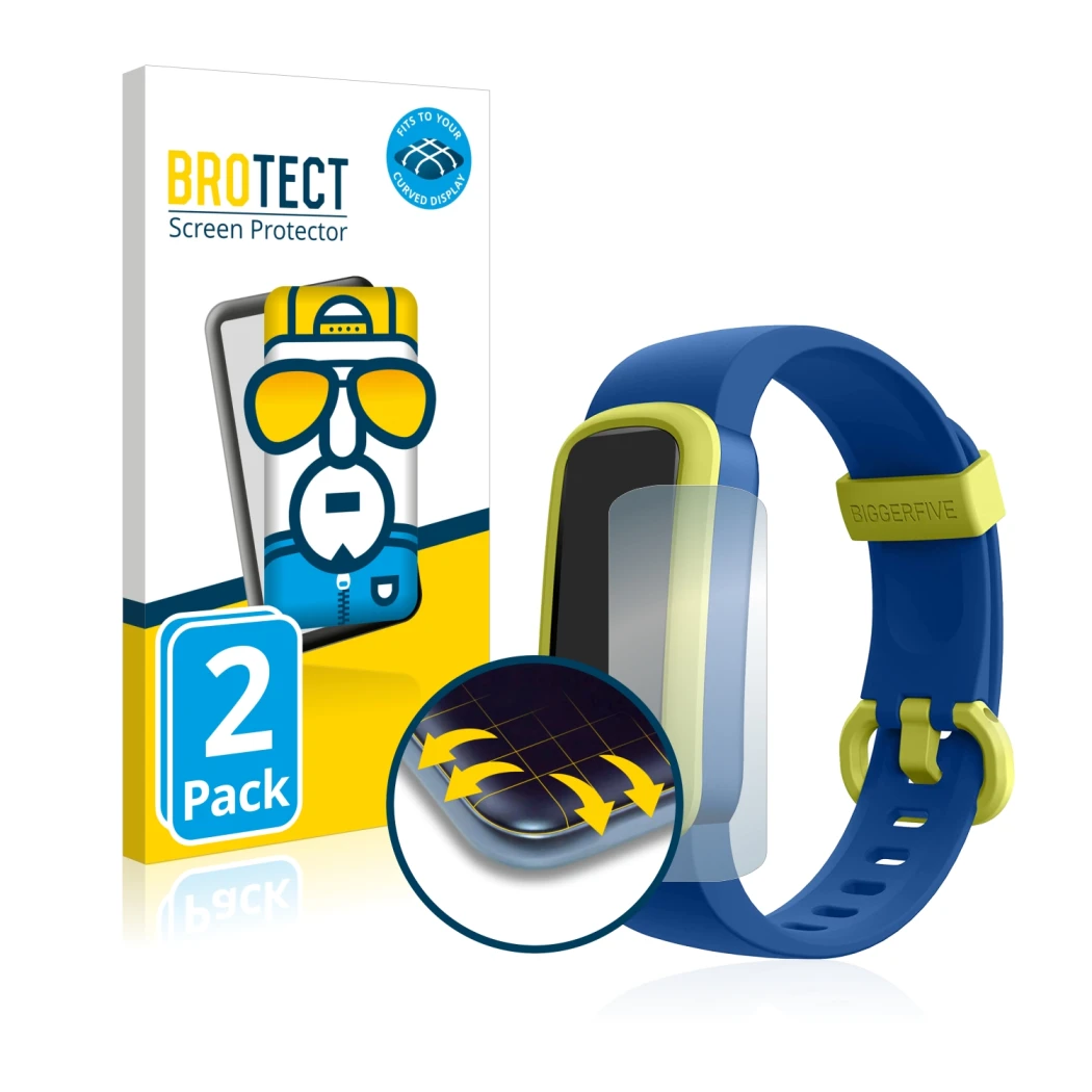 Front side of a product packaging with the brand logo BROTECT. Next to it is the device Biggerfive Vigor ‎BF160 shown with the