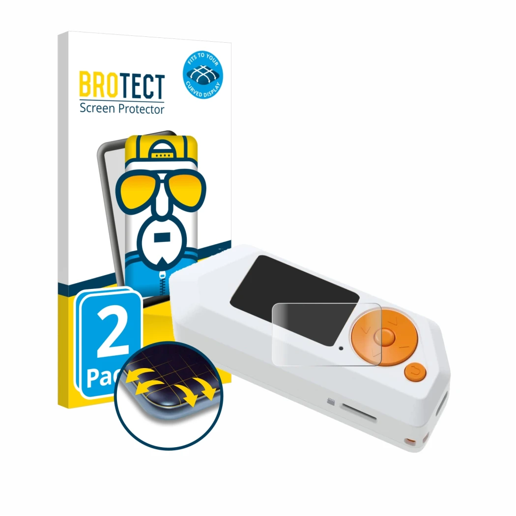 Front side of a product packaging with the brand logo BROTECT. Next to it is the device Flipper Zero FZ.1 shown with the corre