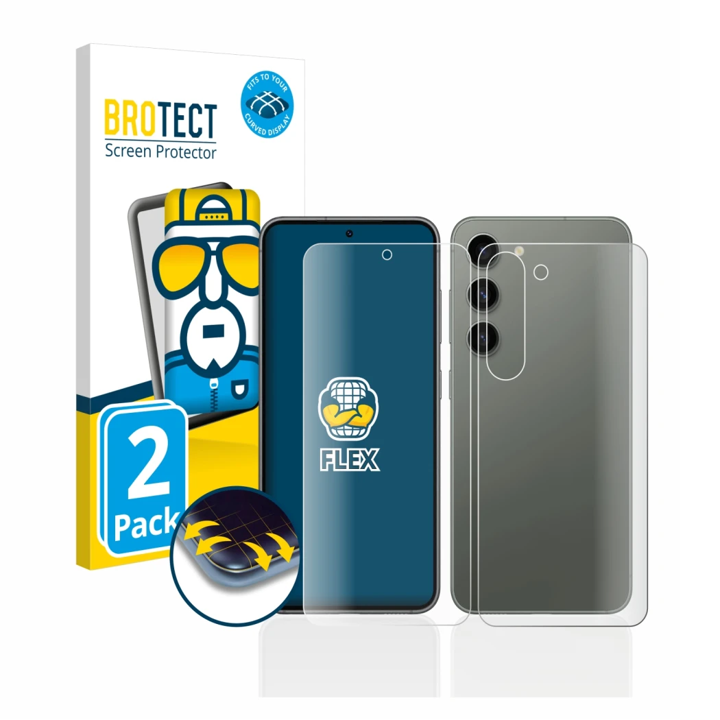 Front side of a product packaging with the brand logo BROTECT. Next to it is the device Samsung Galaxy S23 (Front+Back) shown 