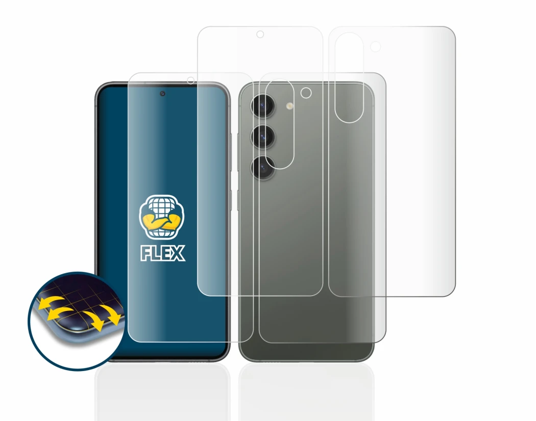 Image of the device Samsung Galaxy S23 (Front+Back) with a wide variety of screen protectors.