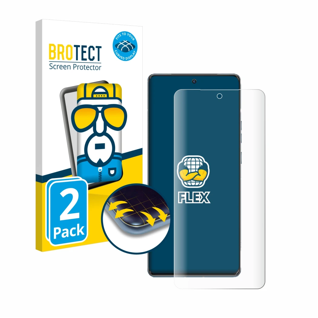 Front side of a product packaging with the brand logo BROTECT. Next to it is the device Motorola Edge 40 Pro shown with the co